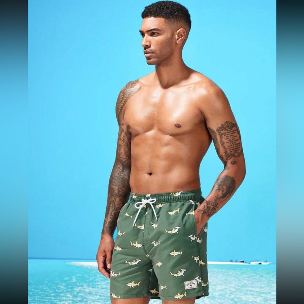 Swimmode Men Shark Print Letter Patched Detail Drawstring Waist Swim Trunks